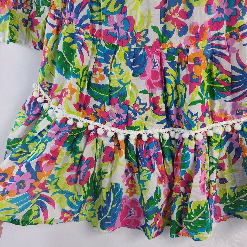True Destinations Floral Off-Shoulder Bell Sleeve Pom Pom Hem Dress Sz XS - Picture 4 of 9